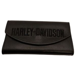Harley Davidson Leather‎ Checkbook Wallet Black Snap Bifold Rider Embroidered